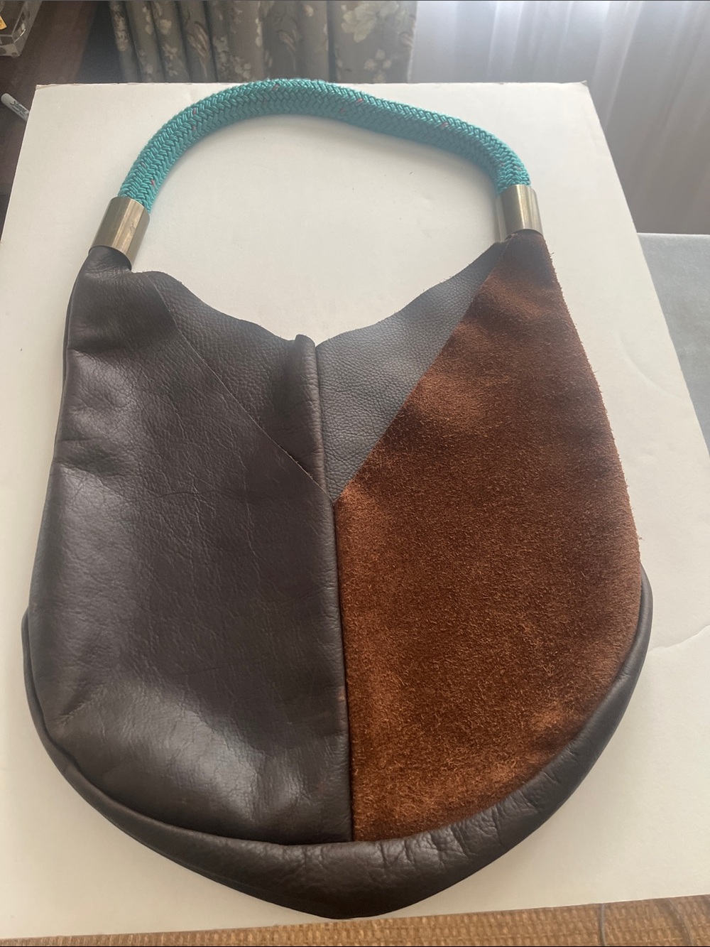 Brown Leather & Suede Colorblock Shoulder Bag with Teal Rope Handle